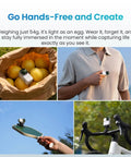 Wearable 4K Action Camera With Cap Mount, Ultra Lightweight 54g, shown clipped on shirt, resting on fruit and mounted on bike handlebar.