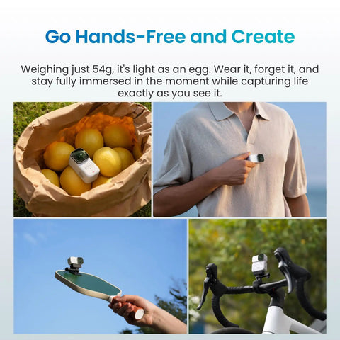 Wearable 4K Action Camera With Cap Mount, Ultra Lightweight 54g, shown clipped on shirt, resting on fruit and mounted on bike handlebar.