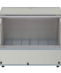 Built Like A Tank Heavy Duty Commercial Milk Cooler Refrigerator For Schools And Cafeterias With Smooth Heavy Duty Casters 12 Crate Stainless Steel Beverage Chiller ETL Certified Solid Service Ready Storage, view of empty cooler interior.
