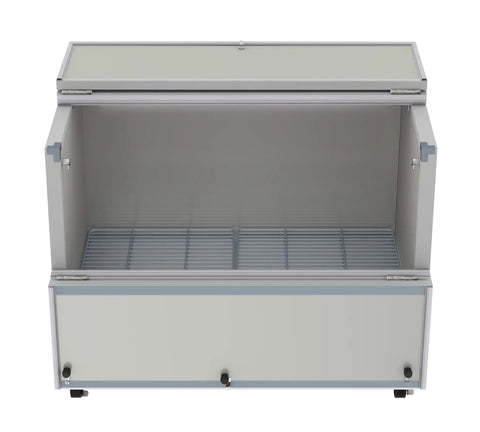Built Like A Tank Heavy Duty Commercial Milk Cooler Refrigerator For Schools And Cafeterias With Smooth Heavy Duty Casters 12 Crate Stainless Steel Beverage Chiller ETL Certified Solid Service Ready Storage, view of empty cooler interior.