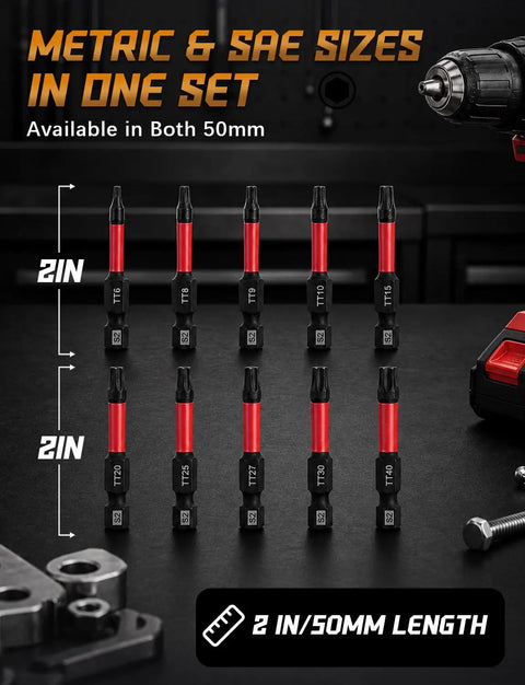 10 Piece Security Torx Bit Set Including Tamper Resistant Star Bits TT6 to TT40 displayed with 2-inch shafts for impact drivers.