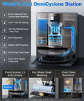 X11 OmniCyclone Robot Vacuum And Mop with Auto Empty Station showing self-cleaning and dual clean solutions.