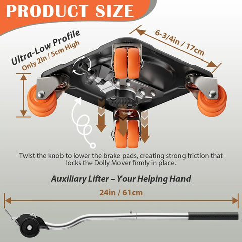 Awesome Heavy Duty Furniture Movers Dolly Set With Auxiliary Lifter Crowbar Base And Anti-Slip Pads Supports Up To 2200 Lbs XL showing ultra-low profile and dual wheels.