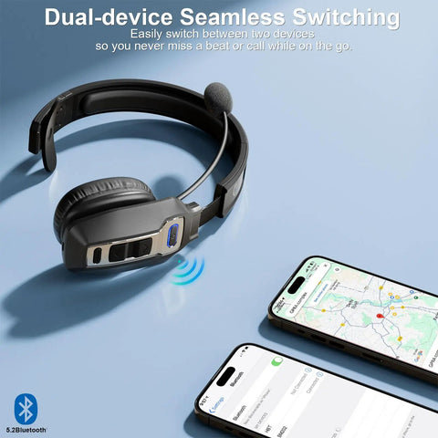 Trucker Bluetooth Headset With AI Noise Cancellation Microphone shown with dual-device seamless switching feature next to smartphones.