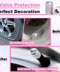 Collage showing before and after of Universal Car Tire Valve Stem Caps Bling Air Cap With Crystal Diamonds Anodized Aluminum Valve Covers