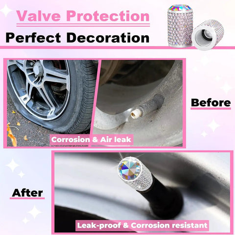 Collage showing before and after of Universal Car Tire Valve Stem Caps Bling Air Cap With Crystal Diamonds Anodized Aluminum Valve Covers