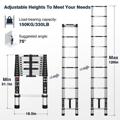 No Fuss Collapsible Aluminum Telescoping Ladder 10.5 Ft With Locking System in extended and compact forms with specifications