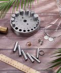 20 Size Steel Disc Cutter Set For Jewelry Making, Circle Cutter For Metal And Acrylic, tools and accessories on wooden surface