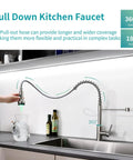 Single Hole Stainless Steel Kitchen Faucet with Pull Down Sprayer and LED Temperature Indicator in stream mode, ideal for farmhouses