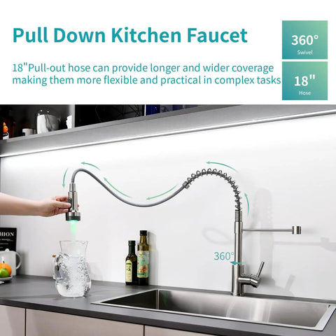 Single Hole Stainless Steel Kitchen Faucet with Pull Down Sprayer and LED Temperature Indicator in stream mode, ideal for farmhouses
