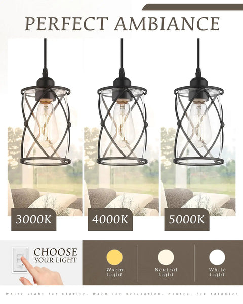 Black Glass Pendant Lights Two Pack With Clear Glass Cylinders, Industrial Farmhouse Cage Hanging Lights with color warmth options.