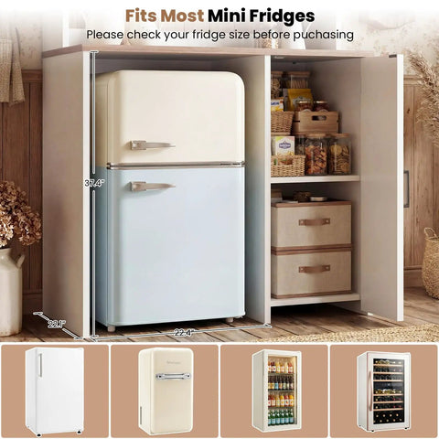 Mini Fridge Cabinet With Built In Charging Hub Power Outlets USB Ports LED Mood Lighting Microwave Shelf And Beverage Station White Kitchen Dorm Office Bar Cabinet For Liquor Coffee And Snacks showing storage options