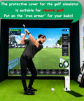 Indoor setup with Durable Metal Protective Case For Square Golf Launch Monitor, golfer swinging, green mat, and simulator screen