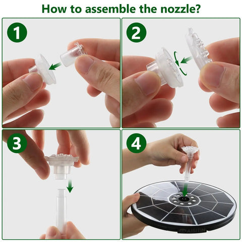 Step-by-step assembly of nozzle on Colorful LED Solar Fountain Pump With 3000mAh Battery Remote Control 8 Nozzles Quiet Operation.