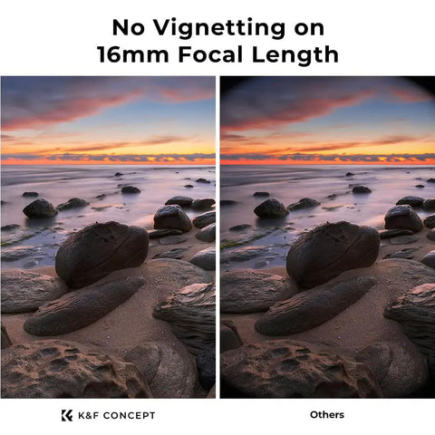 Comparison of sunset landscape with 67mm Variable ND Filter 1 to 9 Stops showing no vignetting and vignetting at 16mm focal length.