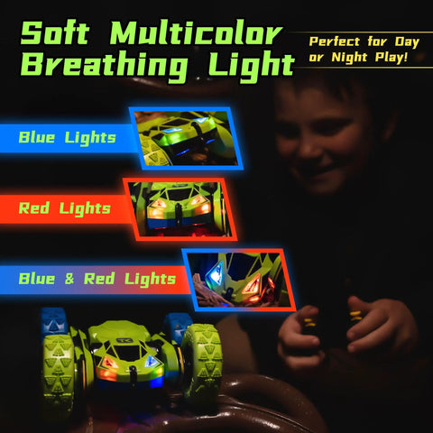 Green 4WD Remote Control Car With 360 Degree Flips, Dual Sided Driving, Breathing Soft Lights, shown in blue and red.