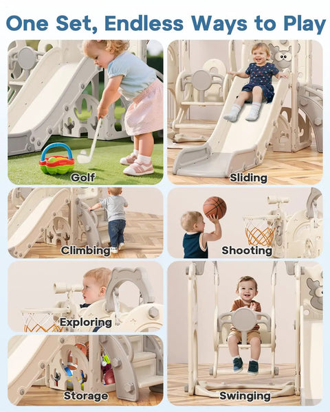 Toddler Indoor Outdoor Seven In One Playset With Climber Swing Set And Basketball Hoop For Kids Ages 1 Plus Kid Friendly Cream Gray ASTM Certified Safe Durable HDPE Playground Equipment showing various activities like swinging, sliding, and shooting.