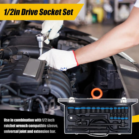 HFLubynox CRV 35K Steel Metric Socket Set With 24 Pieces Ranging From 8 To 32mm Includes Quick Release Reversible Ratchet And Extension For Auto Garage DIY Repair Jobs That Are Totally Sick, 1/2in drive in engine bay
