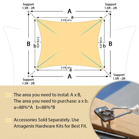 Diagram of Rectangular 10x20 Shade Sail In Sand Color For Outdoor Patio installation requirements with close-up of D ring attachment.