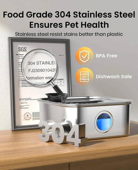 Large Dog Water Fountain 10L Stainless Steel Automatic Water Dispenser with clear water window, food grade 304 certification
