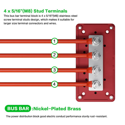 Two Pack 300 Amp Battery Bus Bar For 12-48V DC Systems, Heavy Duty Copper Power Distribution Block With Four M8 Terminals, Eight Screws, Waterproof Cover, Ideal For Automotive RV Marine Truck, 4 M8 studs