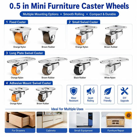 0.5 Inch Mini Caster Wheels With Fixed Plate Swivel Plate Or Adhesive Mount Options For Drawers Cabinets Small Equipment And DIY