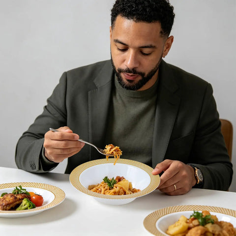 Man enjoying pasta in Sturdy Reusable Plastic Bowls With Gleaming Gold Grid Rim, 12 Ounce White Bowls Perfect For Gameday Grills And Big Group Feasts, Bpa Free Food Grade Durable Bulk 100 Pack.