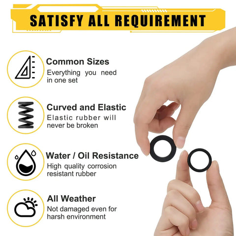 Hands holding O-ring from 380 Piece Rubber And Silicone O Ring And Washer Kit With 16 O Ring Sizes And 8 Washer Sizes