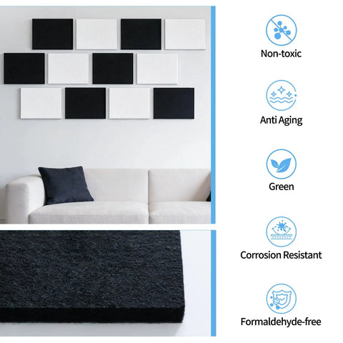 High Density Acoustic Absorber Panels 6 Pack 16 By 12 Inch Soundproofing Wall Tiles on a wall above a white couch.