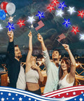 Group celebrating under 2 Pack 80 LED Red White Blue Patriot String Lights Battery Operated 20 Ft Indoor Outdoor Fairy Lights