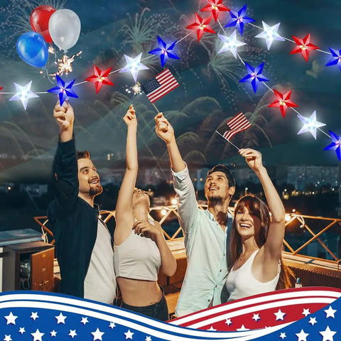 Group celebrating under 2 Pack 80 LED Red White Blue Patriot String Lights Battery Operated 20 Ft Indoor Outdoor Fairy Lights