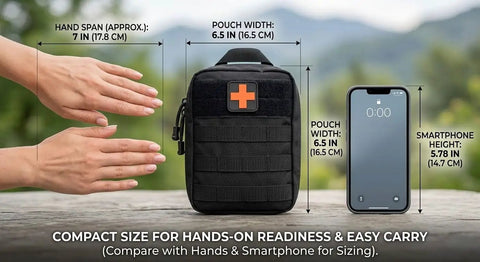 Prepper Ready 250 Piece Survival Kit With First Aid Gear In MOLLE Pouch next to hands and smartphone for size comparison