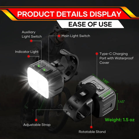 Front And Rear Bike Lights Set Rechargeable With Dual LEDs And 19 Flood LEDs 8 And 12 Mode Options IPX6 Waterproof attached to bike