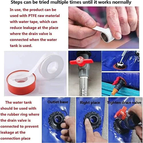 Instructions for securing the drain valve with PTFE tape on the Go-To 3000L Foldable Water Storage Bladder With Faucet For Camping And Hiking.