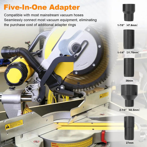 Miter Saw Dust Collection Adapter Five In One Vacuum Connector Delivers Ninety Five Percent Dust Capture With Optimized Airflow Guide Compatible With DWS779 DWS780 For A Cleaner Worksite And Less Mess, shown with various size adapters next to a miter saw.