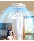 Killer Design Bladeless Ceiling Fan And Pendant Chandelier With Full Spectrum Eye Care Bulbs Smooth Whisper Quiet Motor Great For Bedroom Dining Area Or Hallway Refreshing Air In Warm Yellow Finish angled with airflow indicator in a bright room.