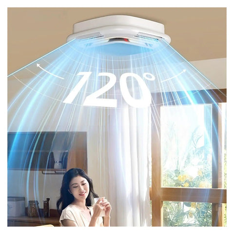 Bladeless Ceiling Fan With Light Turquoise Blue Full Spectrum LED Chandelier Fly Modern Design providing 120 degree airflow in a bright room.