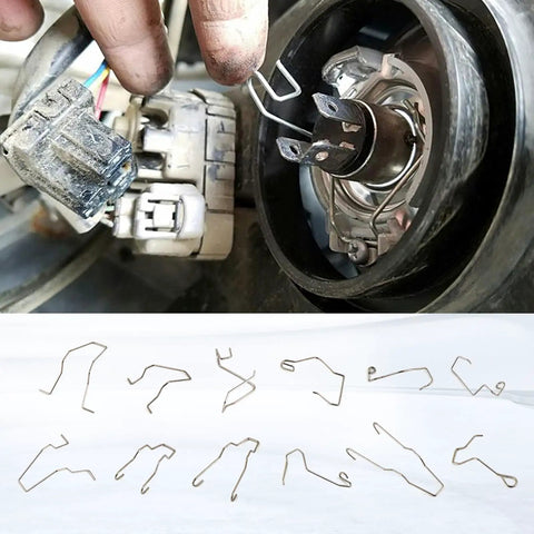 Universal Headlight Retaining Clip Set For H1 H3 H4 H7 Bulbs, 24 pieces in various sizes, shown with installation and individual clips.