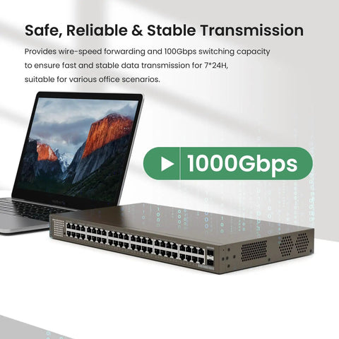 48 Port Gigabit Unmanaged Switch with 2 SFP Slots displayed on desk next to open laptop, highlighting plug and play design for offices.