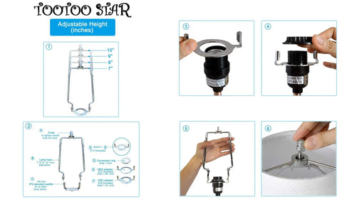 Lamp Shade Harp Holder Kit For 7 To 10 Inch Lamps With Three Eighths UNO Fitter, E14 E26 E27 Converters, assembly diagram