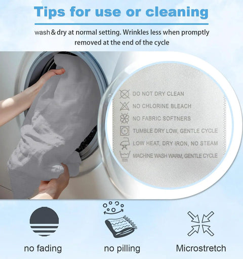 Person placing grounding sheets with silver fiber conductive kit into washer; care tips for machine wash, no bleach, or fabric softeners.