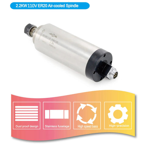 Air Cooled CNC Spindle Motor 110V 2.2KW 80mm ER20 Milling Spindle shown with specifications in colorful graphics