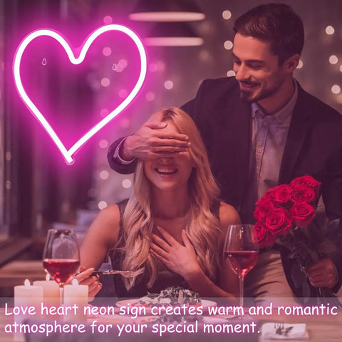 Pink Heart Neon Sign LED Light Up Wall Decor For Bedroom And Valentines Day Romance, couple at dinner