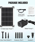 Package contents of Best Value Solar Pond Pump Kit With 216 GPH Flow And 13W Adjustable Output Dry Run Protection Monocrystalline Panel