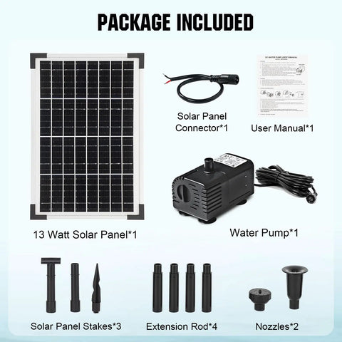 Package contents of Best Value Solar Pond Pump Kit With 216 GPH Flow And 13W Adjustable Output Dry Run Protection Monocrystalline Panel
