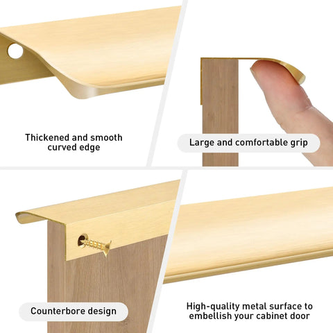 10 Pack Brushed Gold Finger Pulls for Cabinets and Drawers, 11.81 Inch Edge Pulls, showing curved edge and grip details