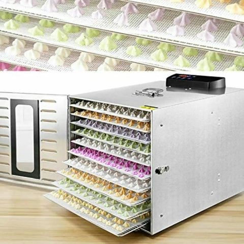 Pro-Level 10-Layer Commercial Food Dehydrator Stainless Steel Electric Drying System With Precision Thermostat displaying colorful dried treats.
