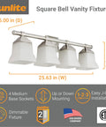 4-Light Brushed Nickel Vanity Light Fixture With Frosted Square Bell Glass Shade, Wall Mount, E26 Medium Base Socket, A19 Bulbs Up To 100W, ETL Listed