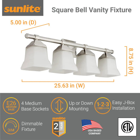 4-Light Brushed Nickel Vanity Light Fixture With Frosted Square Bell Glass Shade, Wall Mount, E26 Medium Base Socket, A19 Bulbs Up To 100W, ETL Listed