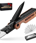 WORKPRO 2-in-1 folding utility knife with wood handle, belt clip, and liner lock; includes extra SK5 blades.